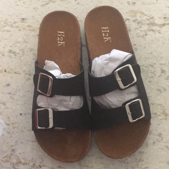 🔥NEW! SZ 11 - Black Cork Heel Buckle Flat Sandal - Picture 4 of 6